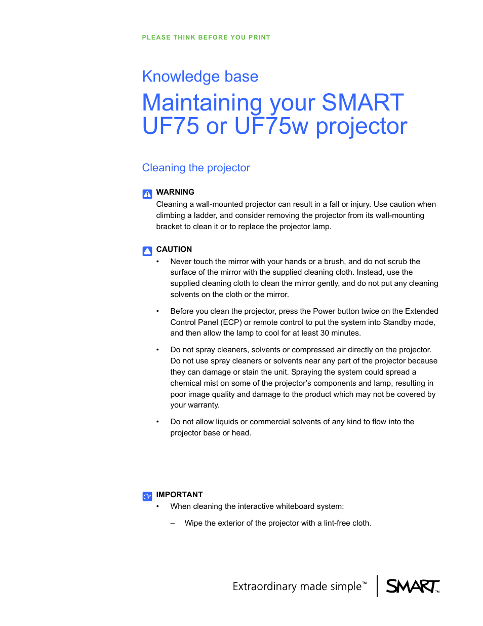 Smart Technologies Smart Projector UF75/UF75w User Manual | 10 pages