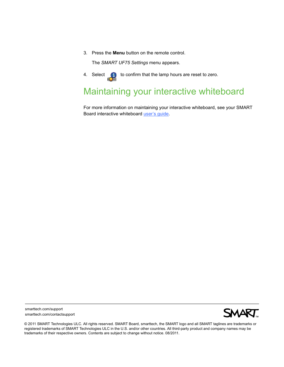 Maintaining your interactive whiteboard | Smart Technologies Smart Projector UF75/UF75w User Manual | Page 10 / 10