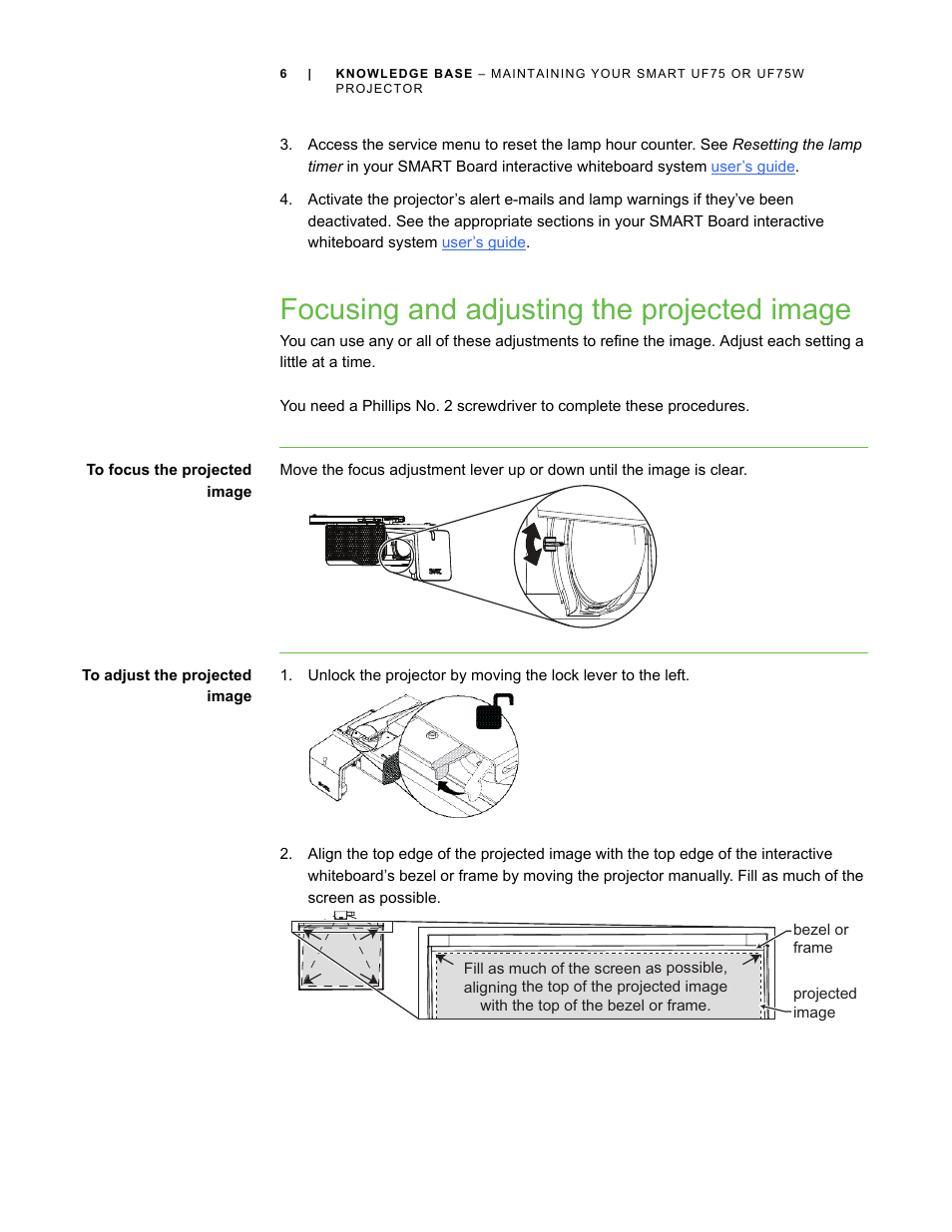 Focusing and adjusting the projected image | Smart Technologies Smart Projector UF75/UF75w User Manual | Page 6 / 10