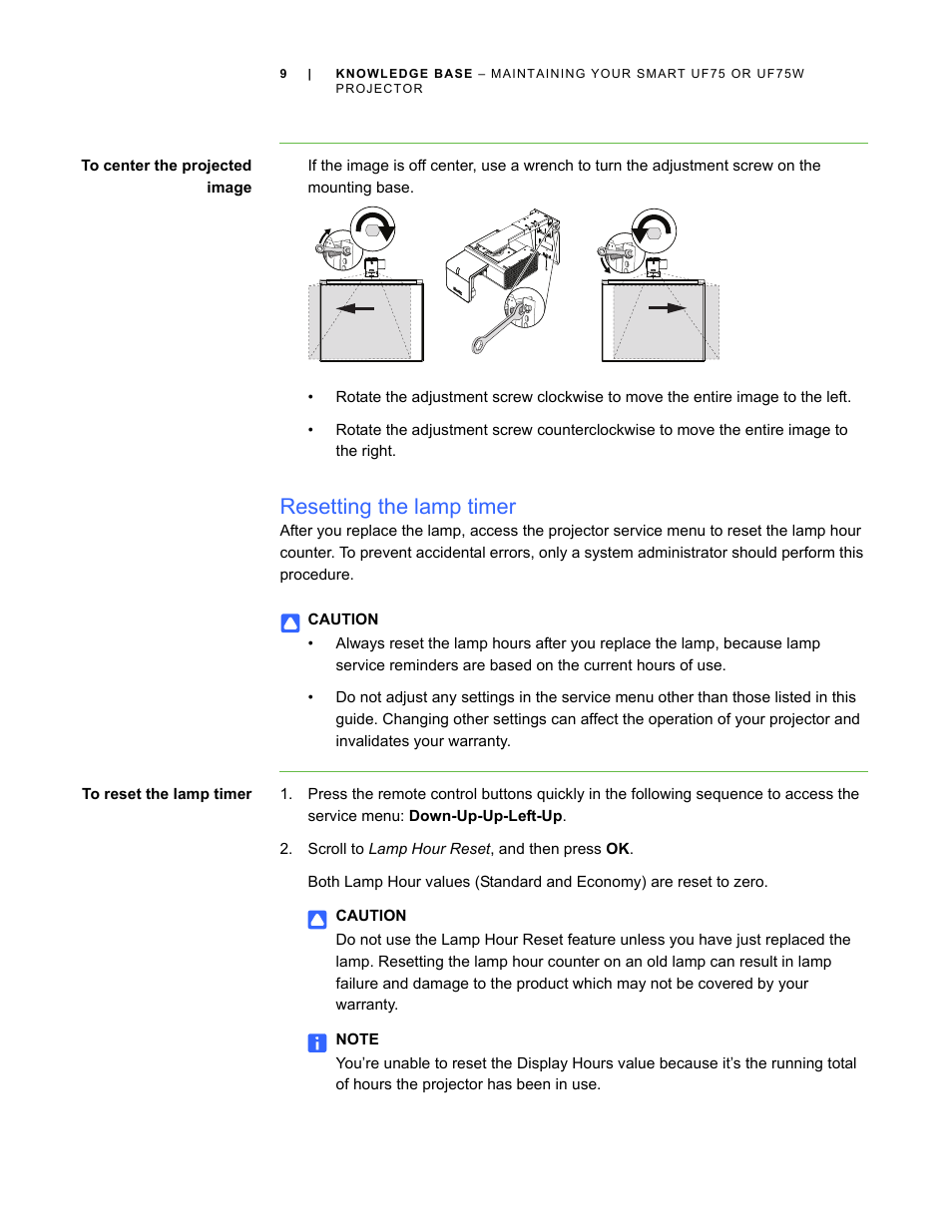 Resetting the lamp timer | Smart Technologies Smart Projector UF75/UF75w User Manual | Page 9 / 10