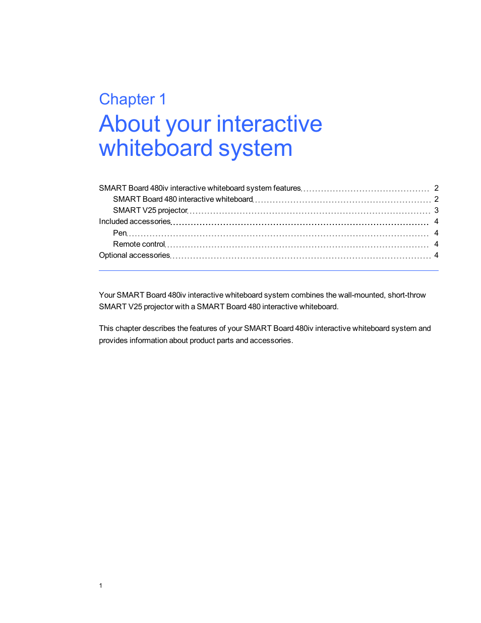 About your interactive whiteboard system, Chapter 1 | Smart Technologies Smart board Interactive Whiteboard system 400iv User Manual | Page 11 / 88