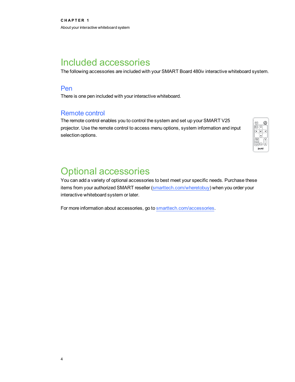 Included accessories, Remote control, Optional accessories | Smart Technologies Smart board Interactive Whiteboard system 400iv User Manual | Page 14 / 88