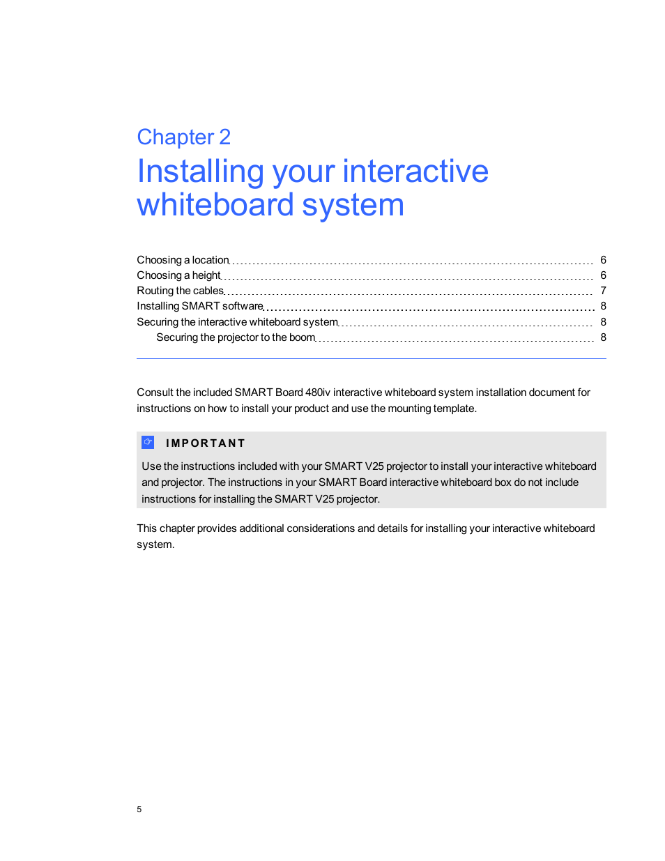 Installing your interactive whiteboard system, Chapter 2 | Smart Technologies Smart board Interactive Whiteboard system 400iv User Manual | Page 15 / 88