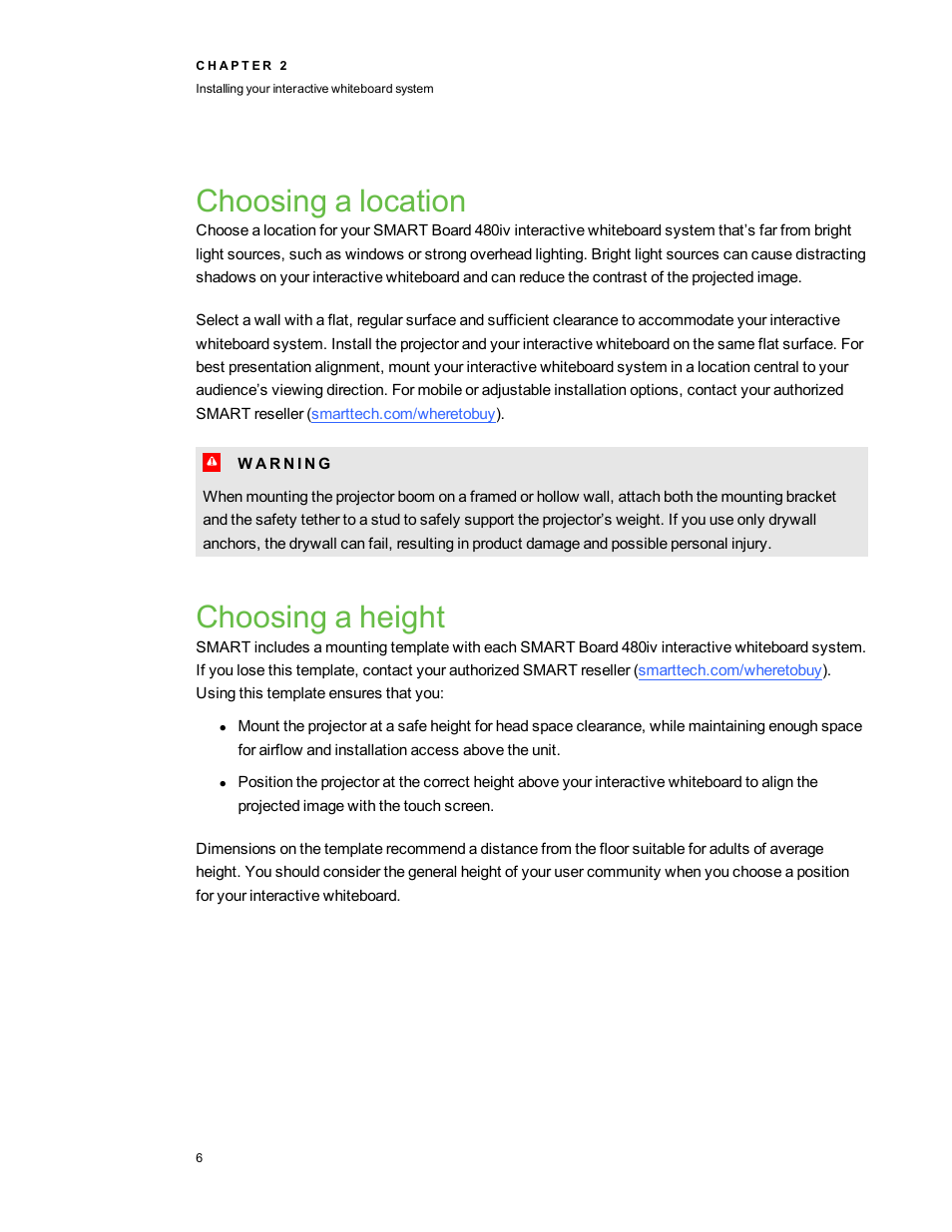 Choosing a location, Choosing a height | Smart Technologies Smart board Interactive Whiteboard system 400iv User Manual | Page 16 / 88