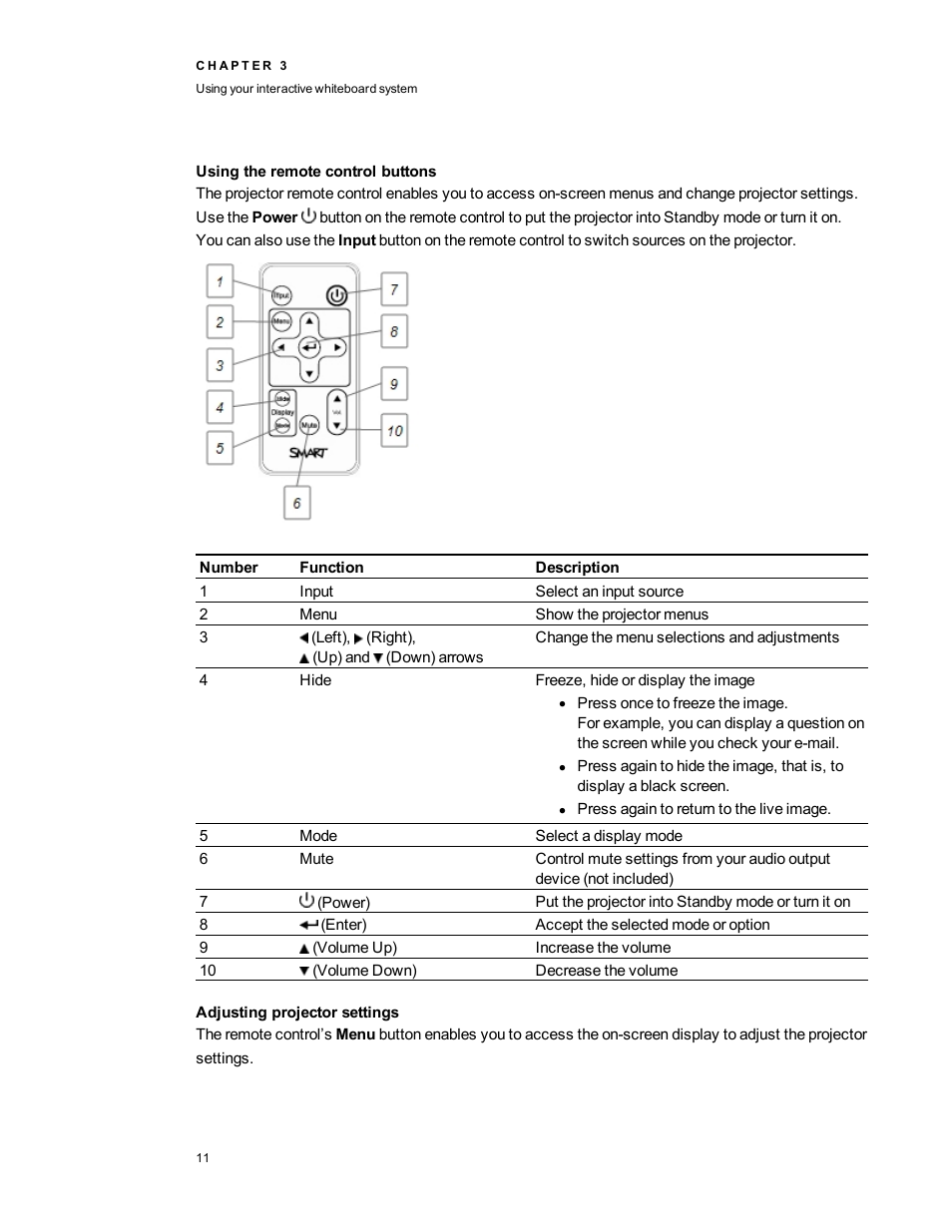 Using the remote control buttons, Adjusting projector settings | Smart Technologies Smart board Interactive Whiteboard system 400iv User Manual | Page 21 / 88