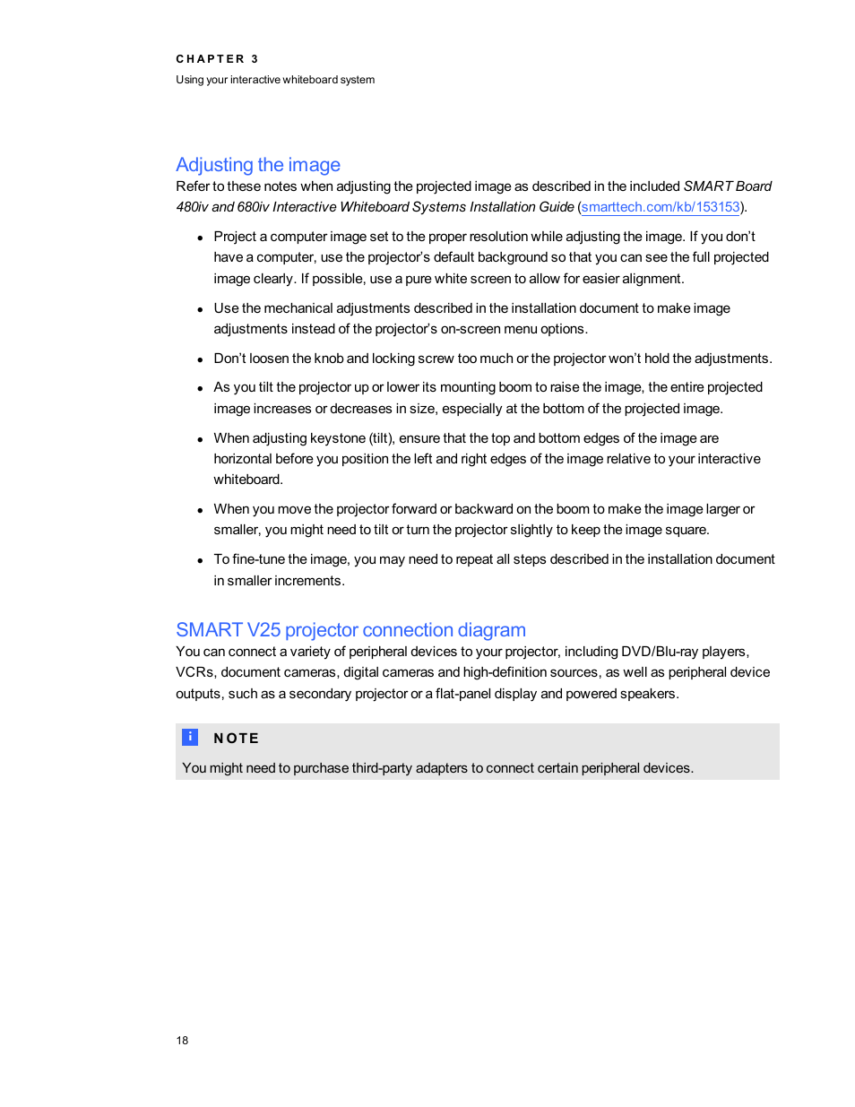 Adjusting the image, Smart v25 projector connection diagram | Smart Technologies Smart board Interactive Whiteboard system 400iv User Manual | Page 28 / 88