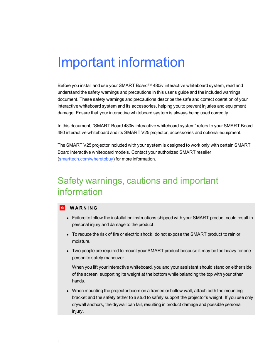 Important information | Smart Technologies Smart board Interactive Whiteboard system 400iv User Manual | Page 3 / 88
