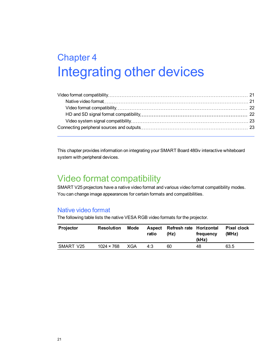 Integrating other devices, Video format compatibility, Native video format | Chapter 4 | Smart Technologies Smart board Interactive Whiteboard system 400iv User Manual | Page 31 / 88