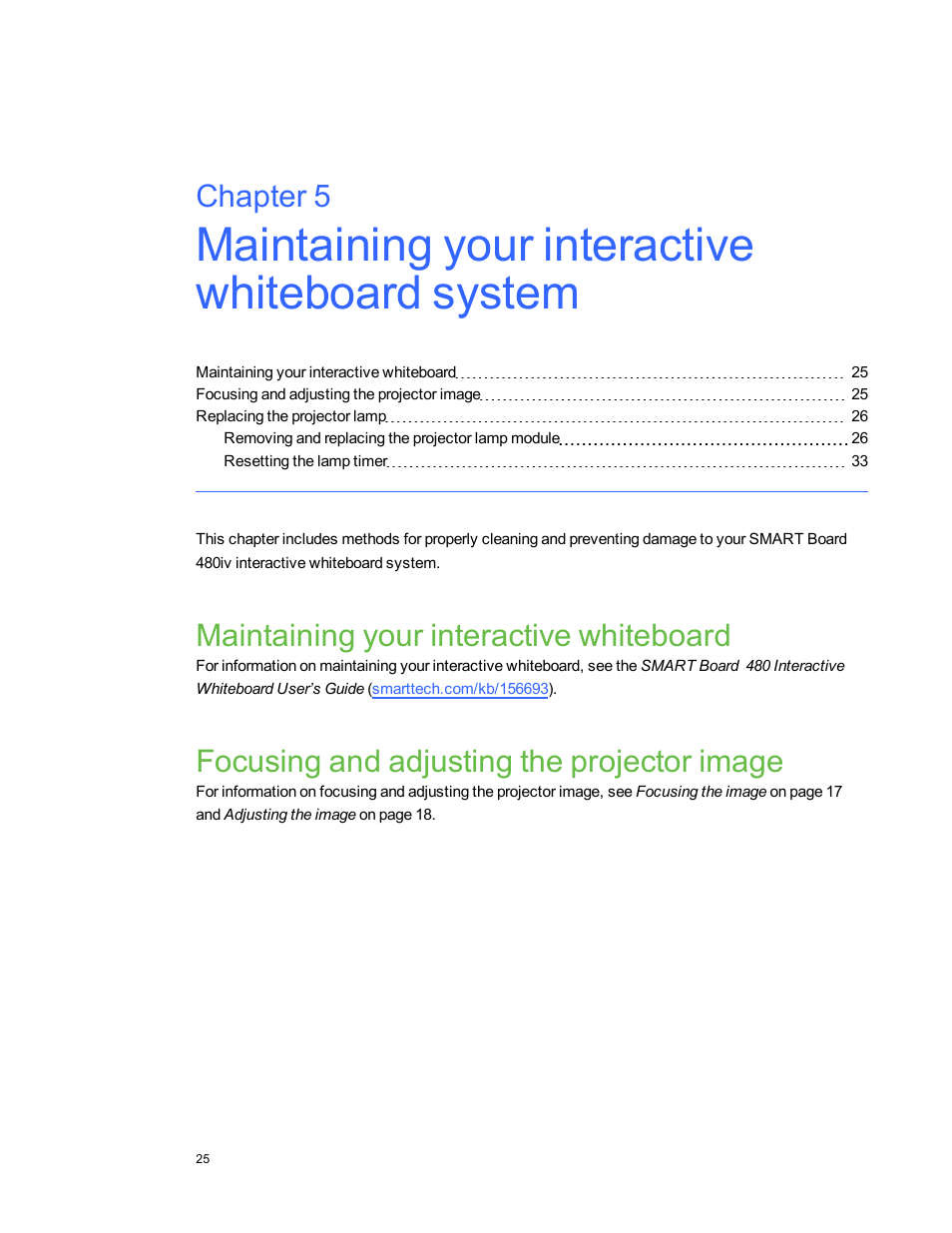 Maintaining your interactive whiteboard system, Maintaining your interactive whiteboard, Focusing and adjusting the projector image | Chapter 5 | Smart Technologies Smart board Interactive Whiteboard system 400iv User Manual | Page 35 / 88