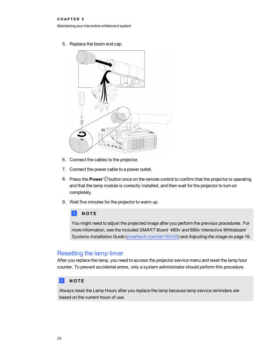 Resetting the lamp timer | Smart Technologies Smart board Interactive Whiteboard system 400iv User Manual | Page 43 / 88