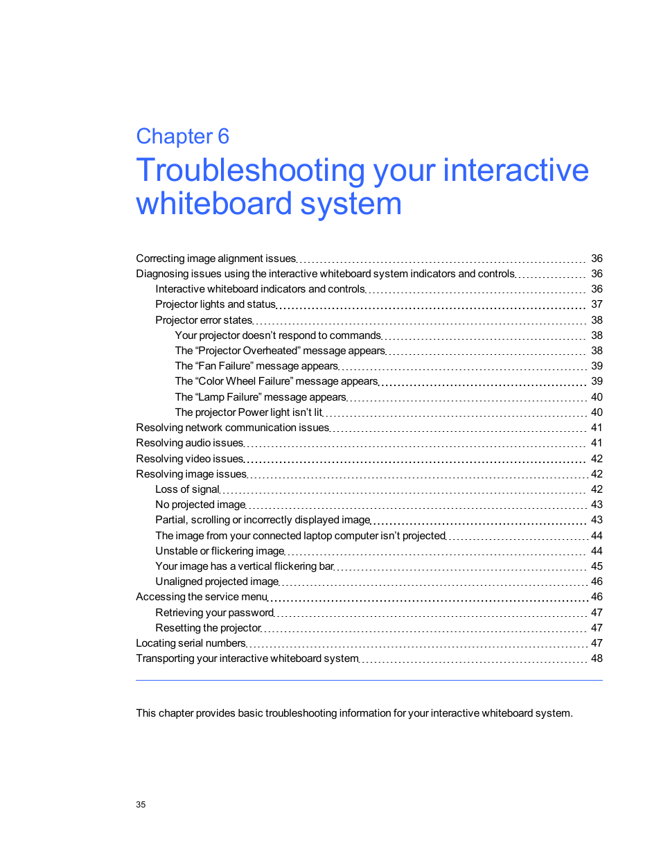 Troubleshooting your interactive whiteboard system, Chapter 6 | Smart Technologies Smart board Interactive Whiteboard system 400iv User Manual | Page 45 / 88