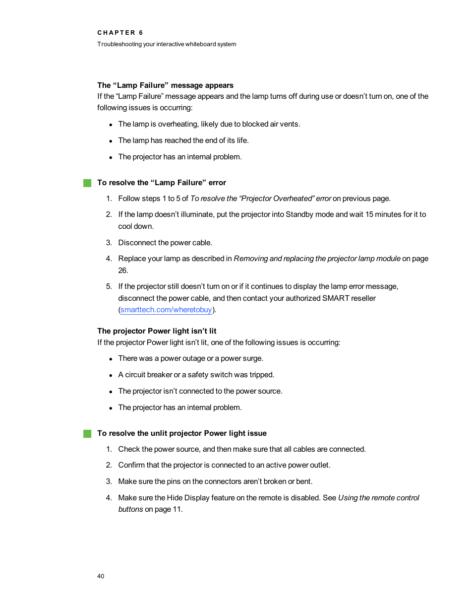 The “lamp failure” message appears, The projector power light isn’t lit | Smart Technologies Smart board Interactive Whiteboard system 400iv User Manual | Page 50 / 88