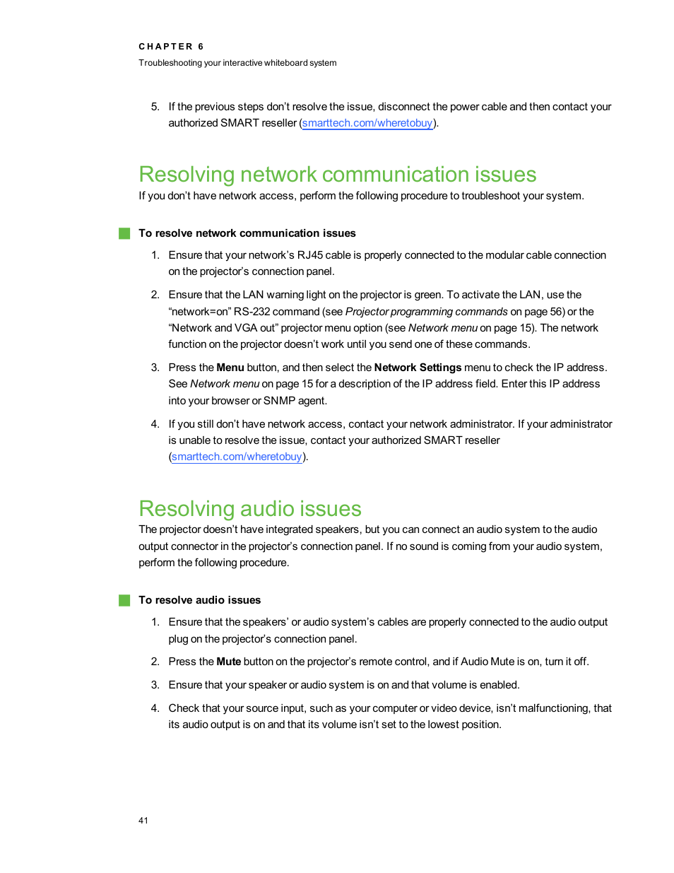Resolving network communication issues, Resolving audio issues | Smart Technologies Smart board Interactive Whiteboard system 400iv User Manual | Page 51 / 88