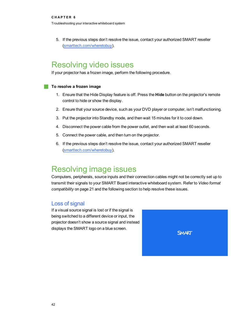 Resolving video issues, Resolving image issues, Loss of signal | Smart Technologies Smart board Interactive Whiteboard system 400iv User Manual | Page 52 / 88