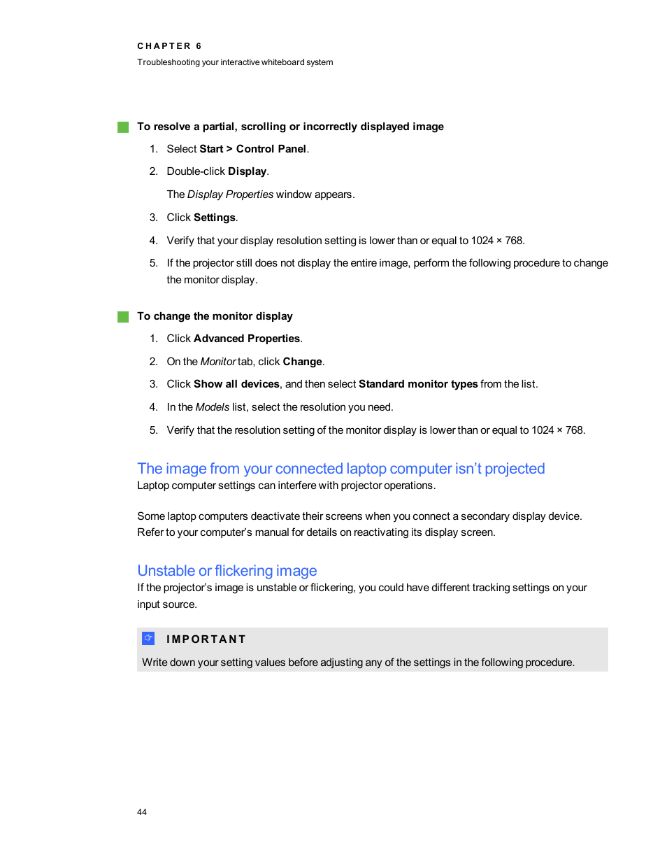 Unstable or flickering image | Smart Technologies Smart board Interactive Whiteboard system 400iv User Manual | Page 54 / 88