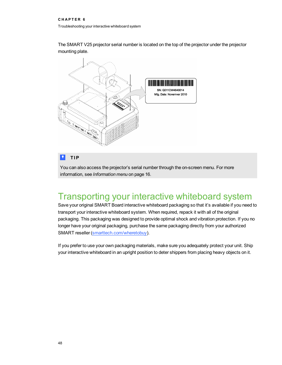 Transporting your interactive whiteboard system | Smart Technologies Smart board Interactive Whiteboard system 400iv User Manual | Page 58 / 88