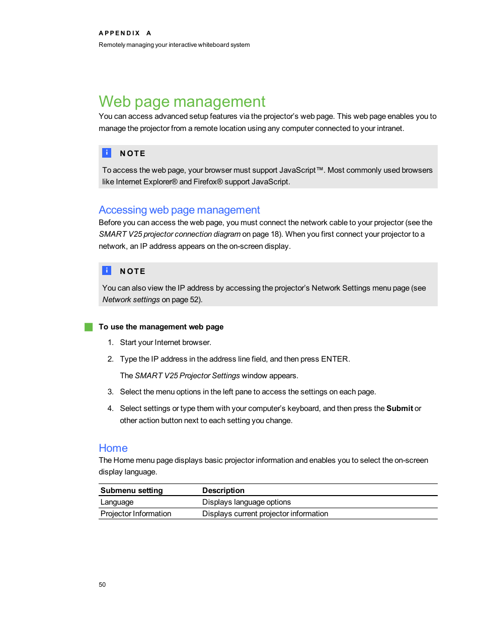 Home, Web page management, Accessing web page management | Smart Technologies Smart board Interactive Whiteboard system 400iv User Manual | Page 60 / 88