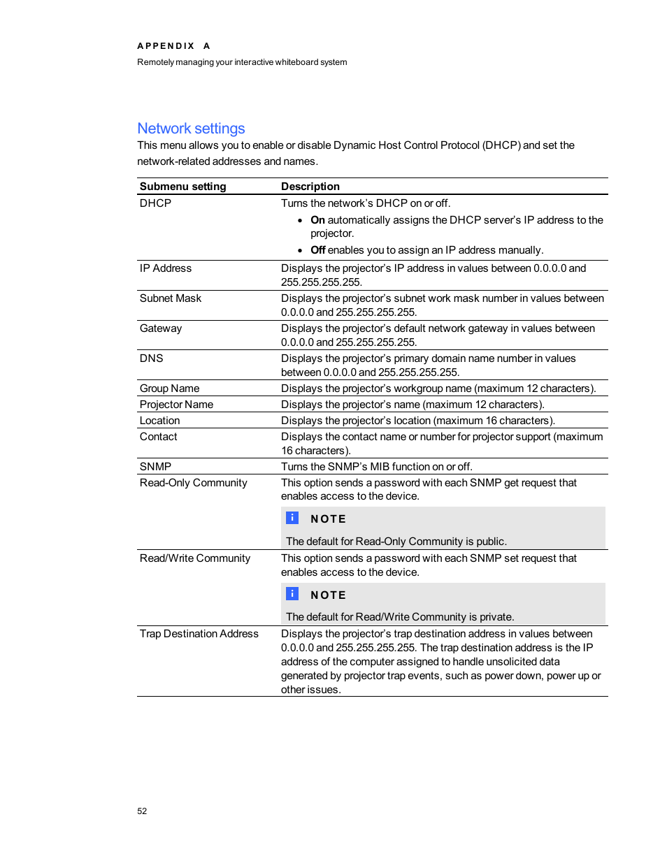 Network settings | Smart Technologies Smart board Interactive Whiteboard system 400iv User Manual | Page 62 / 88