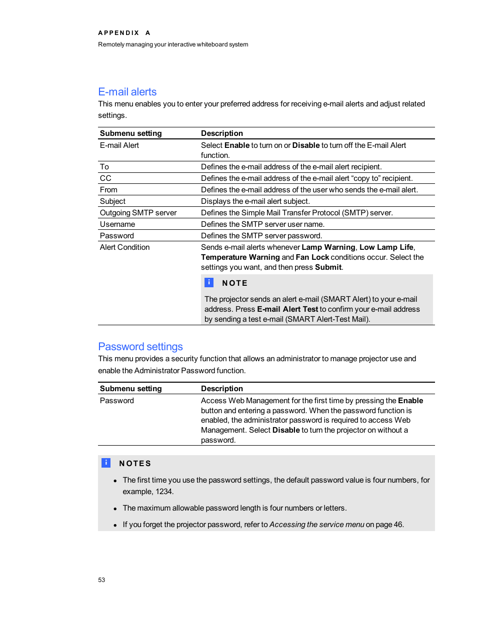 E-mail alerts, Password settings | Smart Technologies Smart board Interactive Whiteboard system 400iv User Manual | Page 63 / 88
