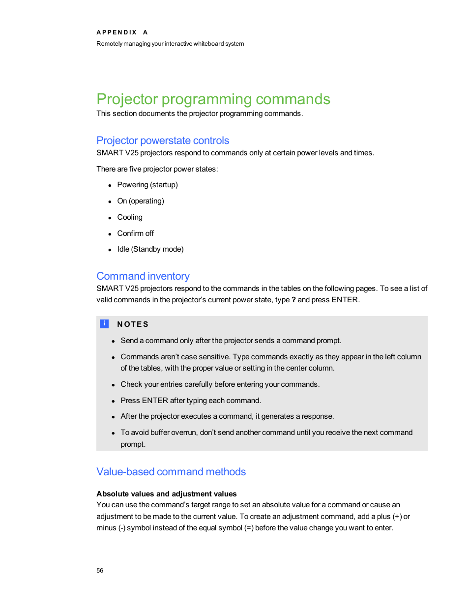 Projector programming commands, Projector powerstate controls, Command inventory | Value-based command methods, Absolute values and adjustment values | Smart Technologies Smart board Interactive Whiteboard system 400iv User Manual | Page 66 / 88