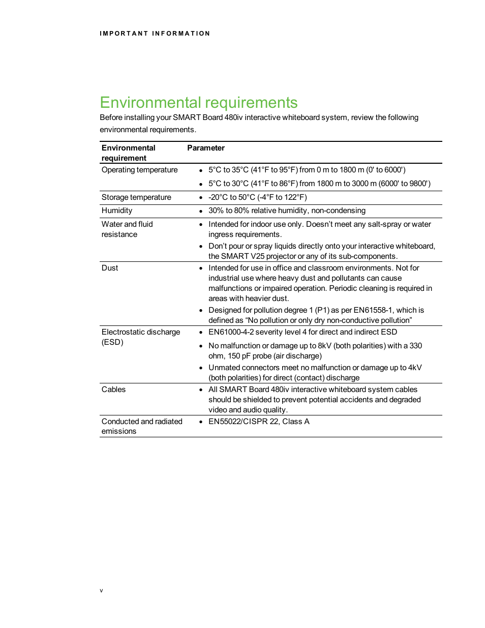Environmental requirements | Smart Technologies Smart board Interactive Whiteboard system 400iv User Manual | Page 7 / 88