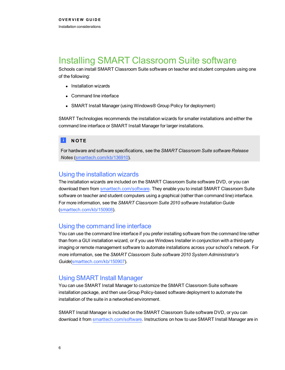 Installing smart classroom suite software, Using the installation wizards, Using the command line interface | Using smart install manager | Smart Technologies Smart Clasroom Suite 2010 User Manual | Page 10 / 26