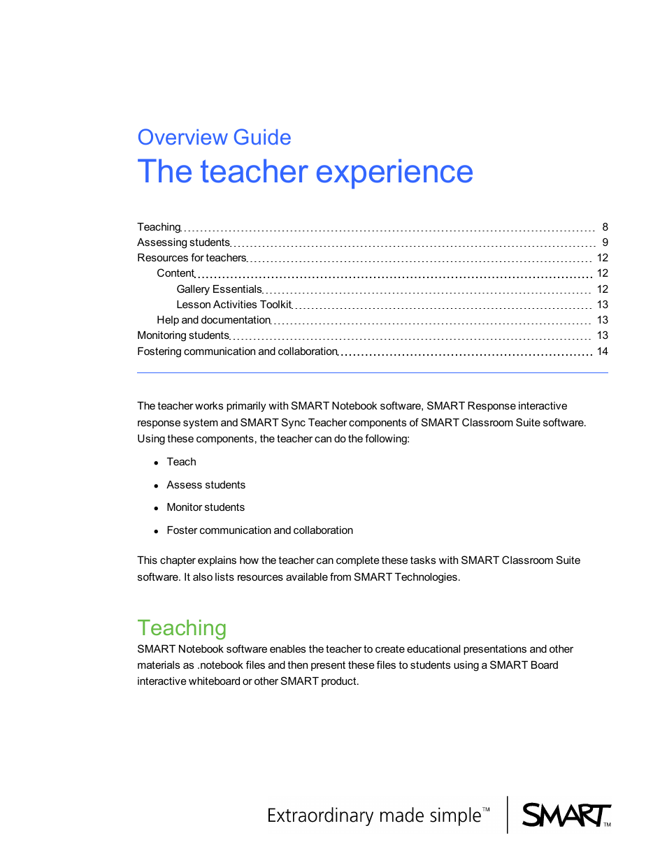 The teacher experience, Teaching, Overview guide | Smart Technologies Smart Clasroom Suite 2010 User Manual | Page 12 / 26