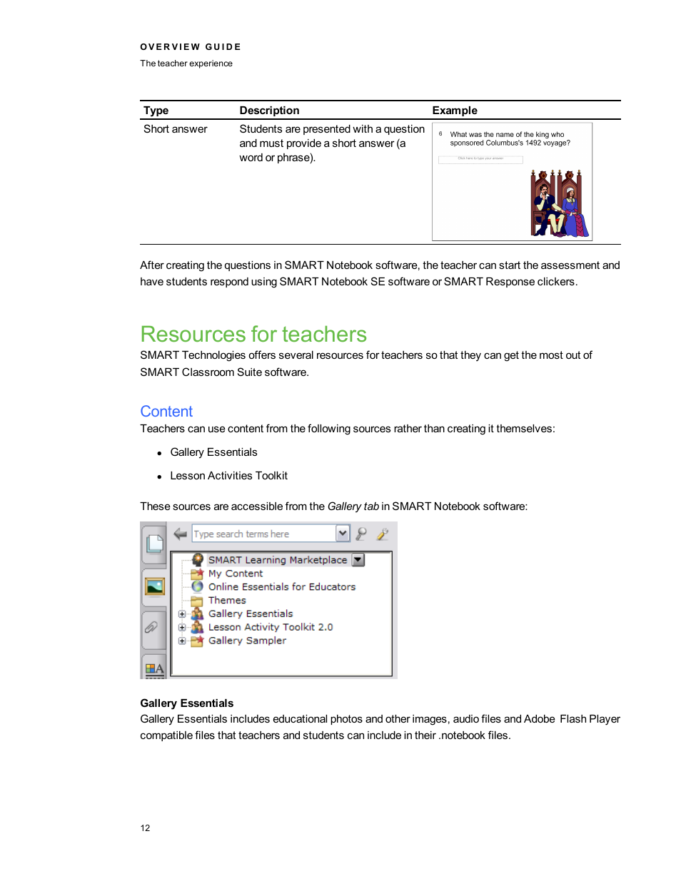 Resources for teachers, Content, Gallery essentials | Smart Technologies Smart Clasroom Suite 2010 User Manual | Page 16 / 26