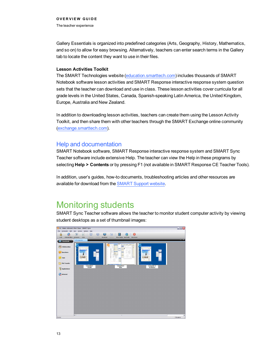 Lesson activities toolkit, Help and documentation, Monitoring students | Smart Technologies Smart Clasroom Suite 2010 User Manual | Page 17 / 26