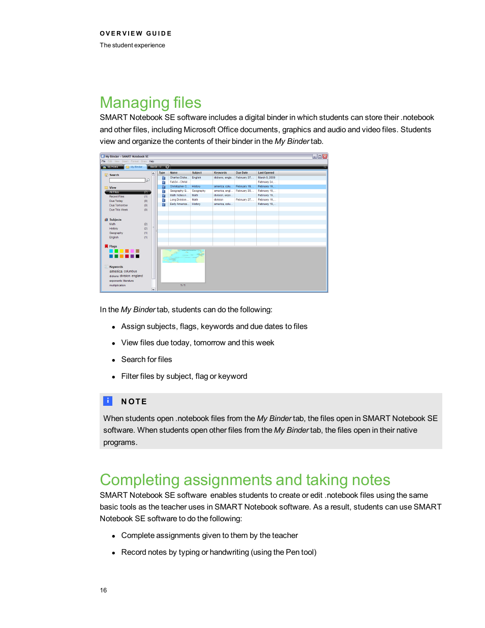 Managing files, Completing assignments and taking notes | Smart Technologies Smart Clasroom Suite 2010 User Manual | Page 20 / 26