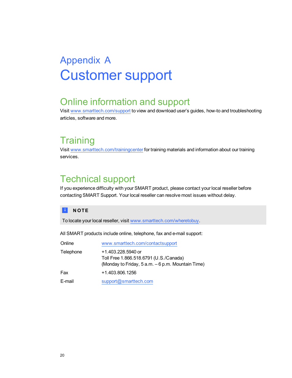 Customer support, Online information and support, Training | Technical support, Appendix a | Smart Technologies Smart Clasroom Suite 2010 User Manual | Page 24 / 26