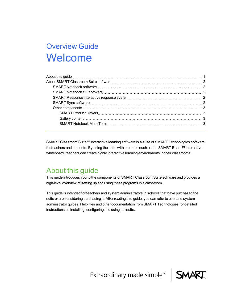 Welcome, About this guide, Overview guide | Smart Technologies Smart Clasroom Suite 2010 User Manual | Page 5 / 26