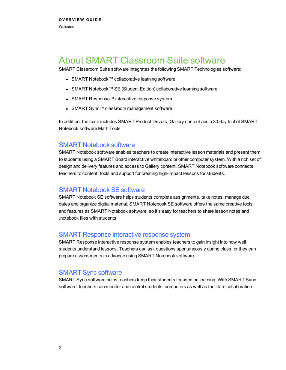 About smart classroom suite software, Smart notebook software, Smart notebook se software | Smart response interactive response system, Smart sync software | Smart Technologies Smart Clasroom Suite 2010 User Manual | Page 6 / 26