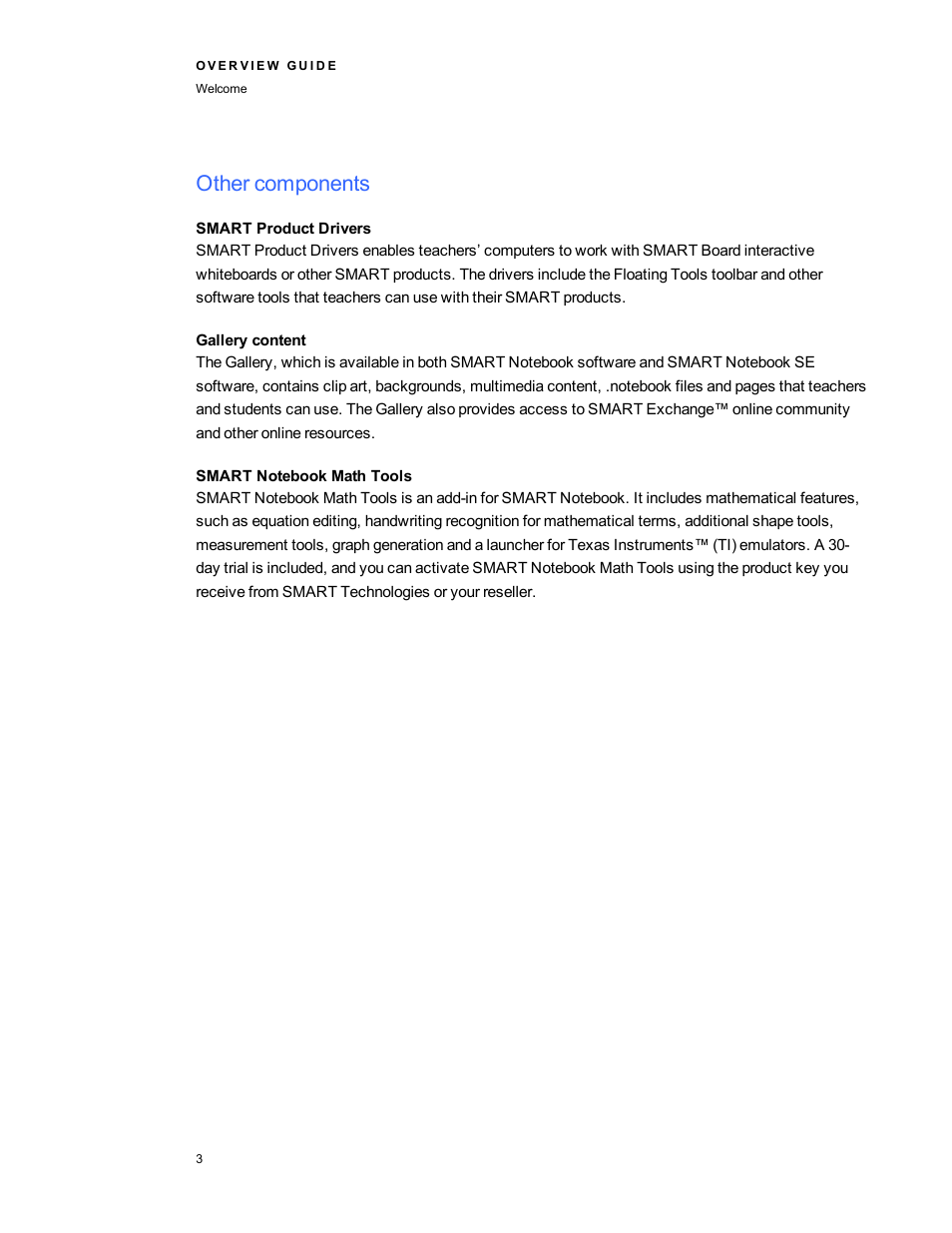 Other components, Smart product drivers, Gallery content | Smart notebook math tools | Smart Technologies Smart Clasroom Suite 2010 User Manual | Page 7 / 26