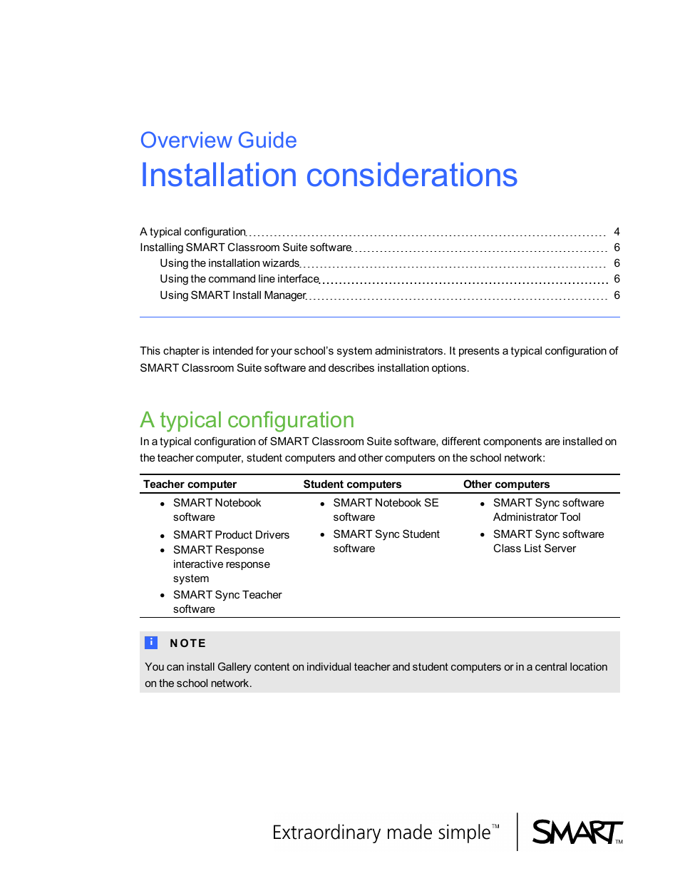 Installation considerations, A typical configuration, Overview guide | Smart Technologies Smart Clasroom Suite 2010 User Manual | Page 8 / 26