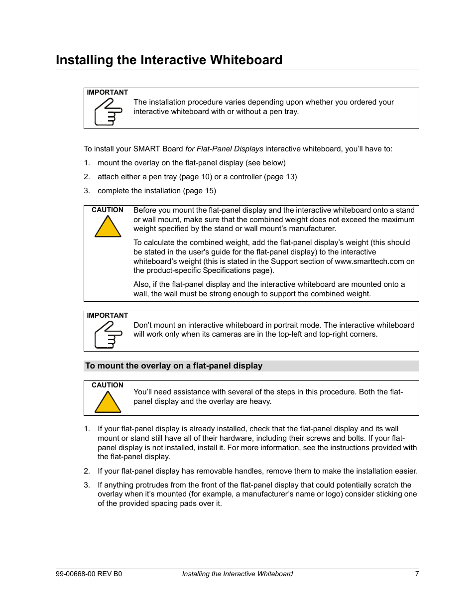 Installing the interactive whiteboard | Smart Technologies Smart Board For Flat-PanelDisplays 99-00668-00 User Manual | Page 15 / 40