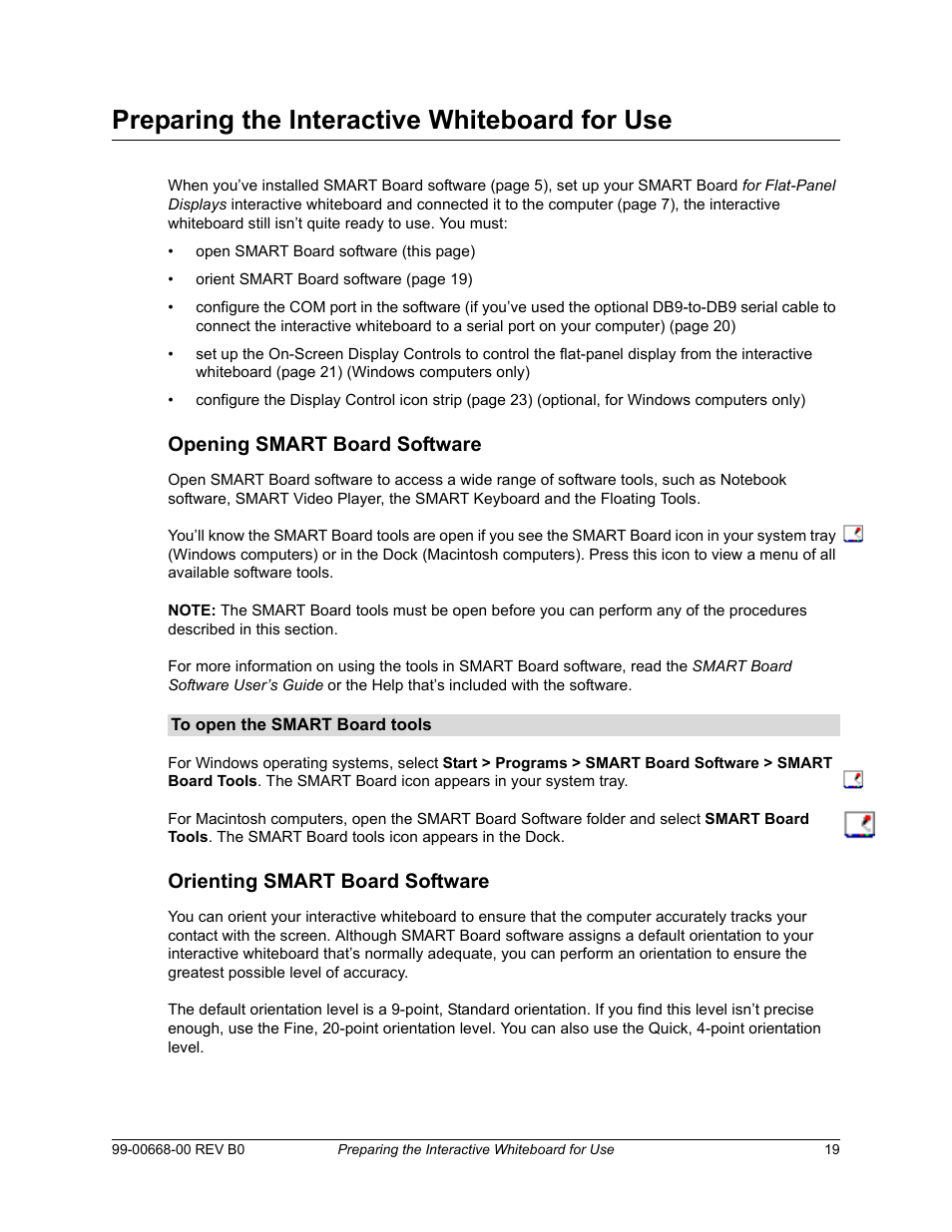 Preparing the interactive whiteboard for use, Opening smart board software, Orienting smart board software | Smart Technologies Smart Board For Flat-PanelDisplays 99-00668-00 User Manual | Page 27 / 40