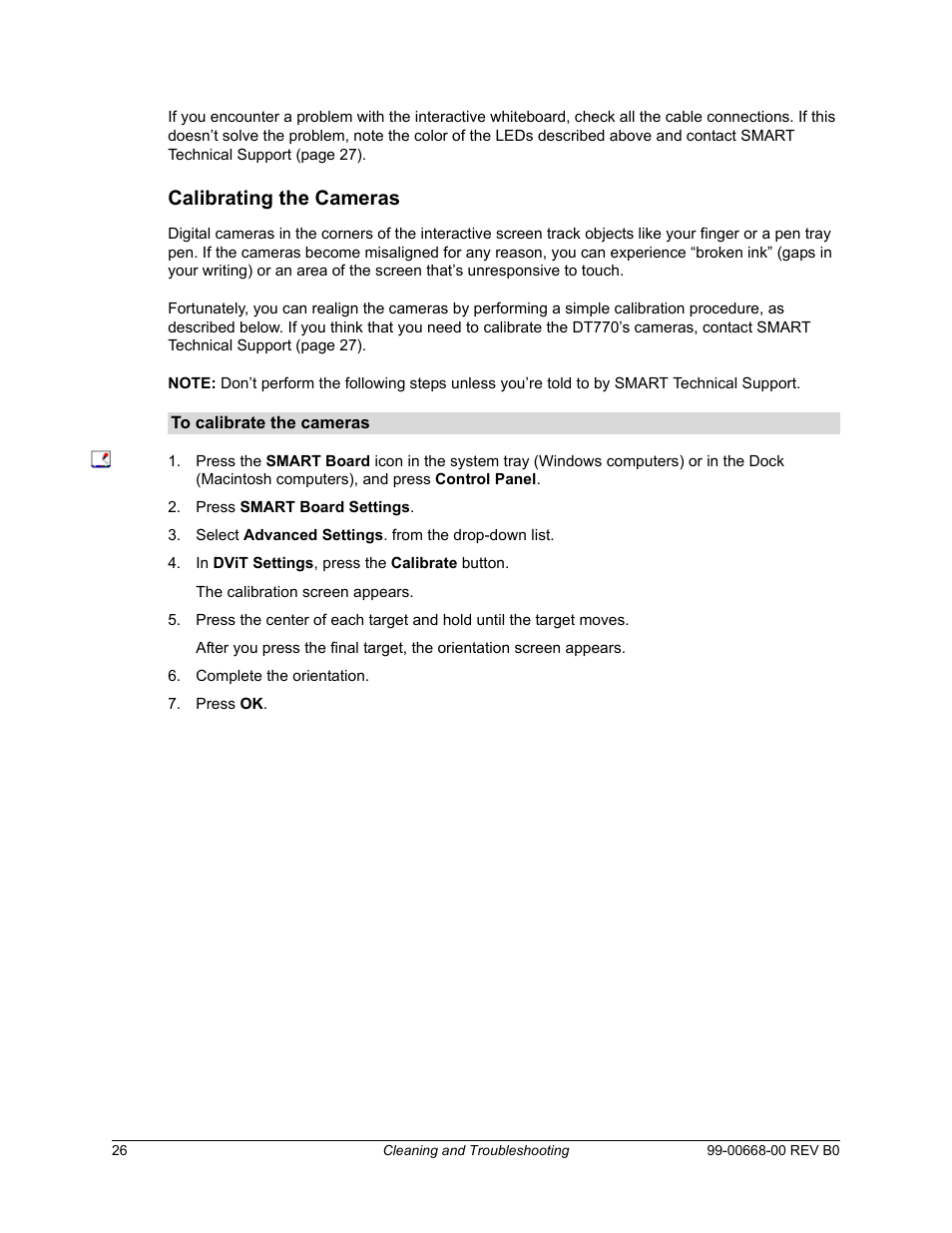 Calibrating the cameras | Smart Technologies Smart Board For Flat-PanelDisplays 99-00668-00 User Manual | Page 34 / 40