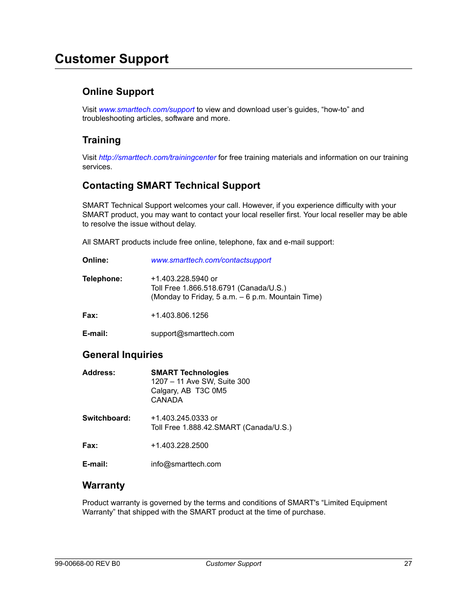 Customer support, Online support, Training | General inquiries, Warranty, Online support training general inquiries warranty, Contacting smart technical support | Smart Technologies Smart Board For Flat-PanelDisplays 99-00668-00 User Manual | Page 35 / 40