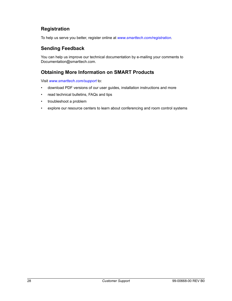Registration, Sending feedback, Obtaining more information on smart products | Smart Technologies Smart Board For Flat-PanelDisplays 99-00668-00 User Manual | Page 36 / 40