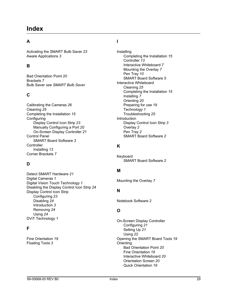 Index | Smart Technologies Smart Board For Flat-PanelDisplays 99-00668-00 User Manual | Page 37 / 40