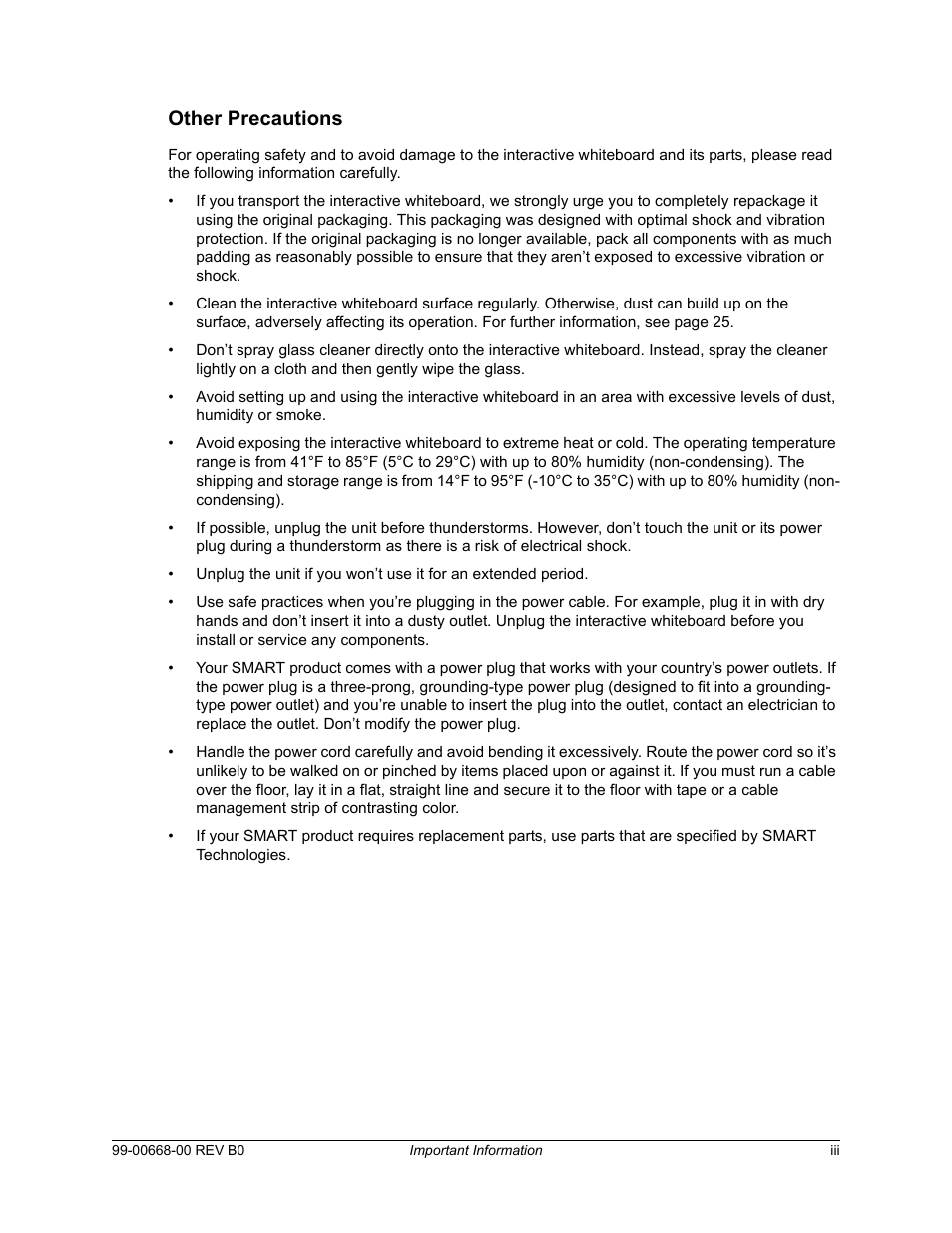 Other precautions | Smart Technologies Smart Board For Flat-PanelDisplays 99-00668-00 User Manual | Page 5 / 40