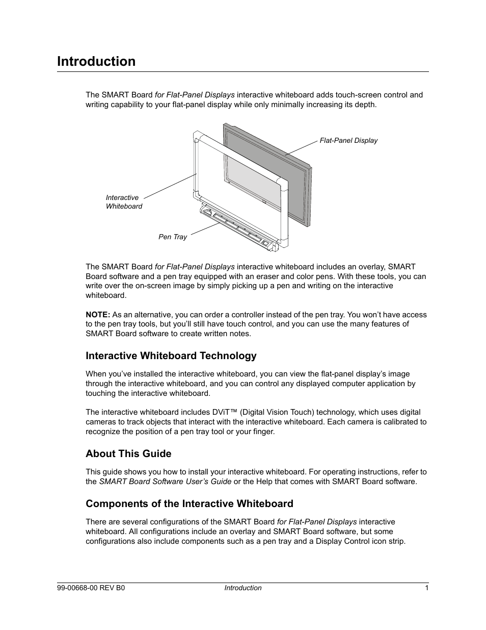 Introduction, Interactive whiteboard technology, About this guide | Components of the interactive whiteboard | Smart Technologies Smart Board For Flat-PanelDisplays 99-00668-00 User Manual | Page 9 / 40