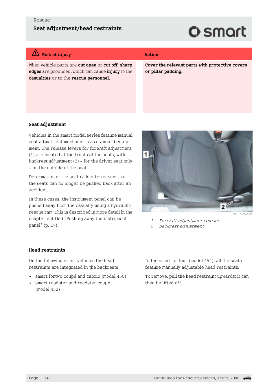 Seat adjustment/head restraints | Smart Technologies smart forfour 454 User Manual | Page 35 / 44