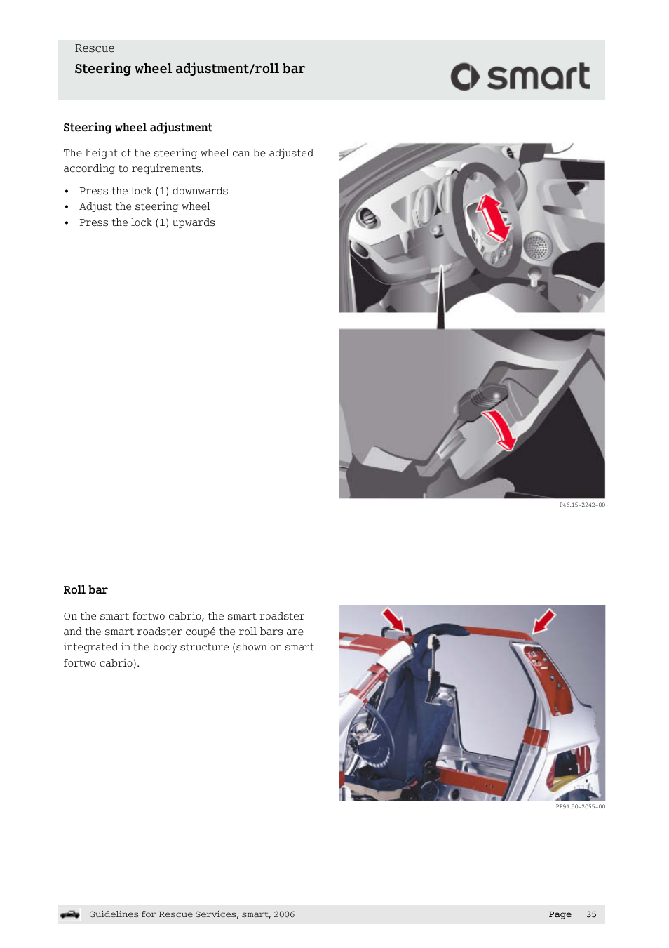 Steering wheel adjustment/roll bar | Smart Technologies smart forfour 454 User Manual | Page 36 / 44