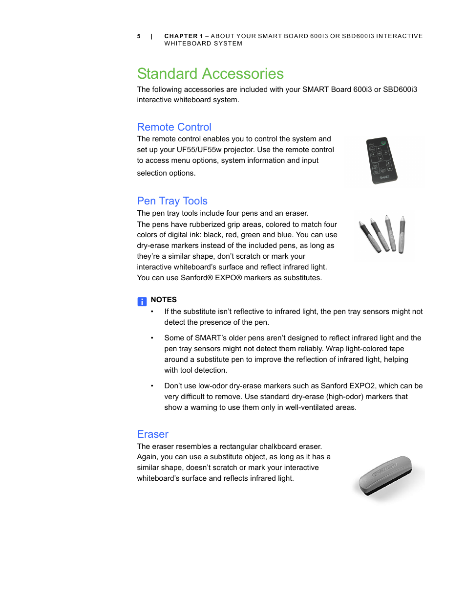 Standard accessories, Remote control, Pen tray tools | Eraser | Smart Technologies 600i3 User Manual | Page 17 / 86