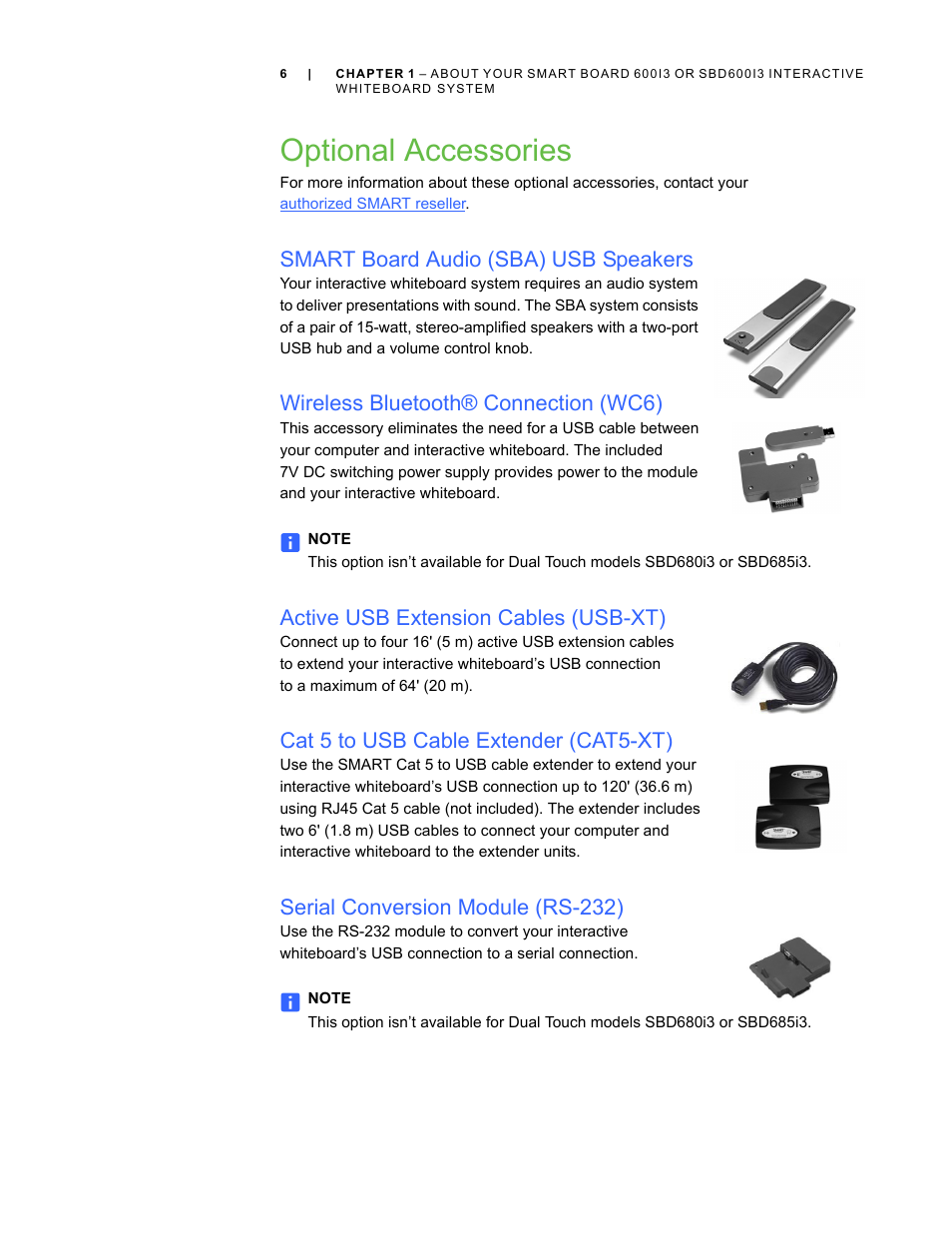 Optional accessories, Smart board audio (sba) usb speakers, Wireless bluetooth® connection (wc6) | Active usb extension cables (usb-xt), Cat 5 to usb cable extender (cat5-xt), Serial conversion module (rs-232) | Smart Technologies 600i3 User Manual | Page 18 / 86