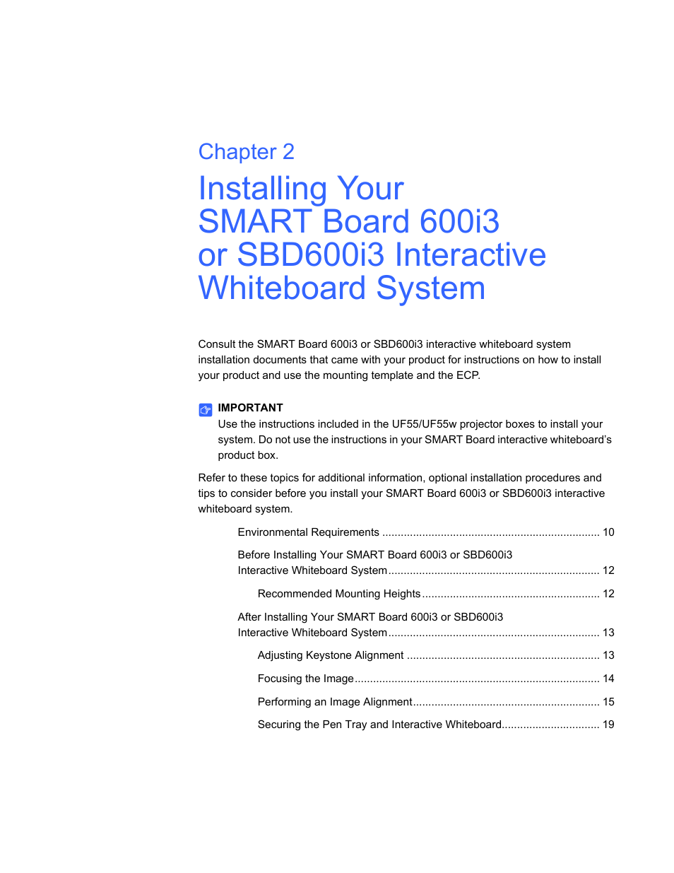 Installing your smart board 600i3 or, Chapter 2 | Smart Technologies 600i3 User Manual | Page 21 / 86