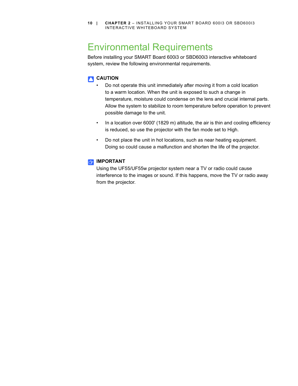Environmental requirements | Smart Technologies 600i3 User Manual | Page 22 / 86