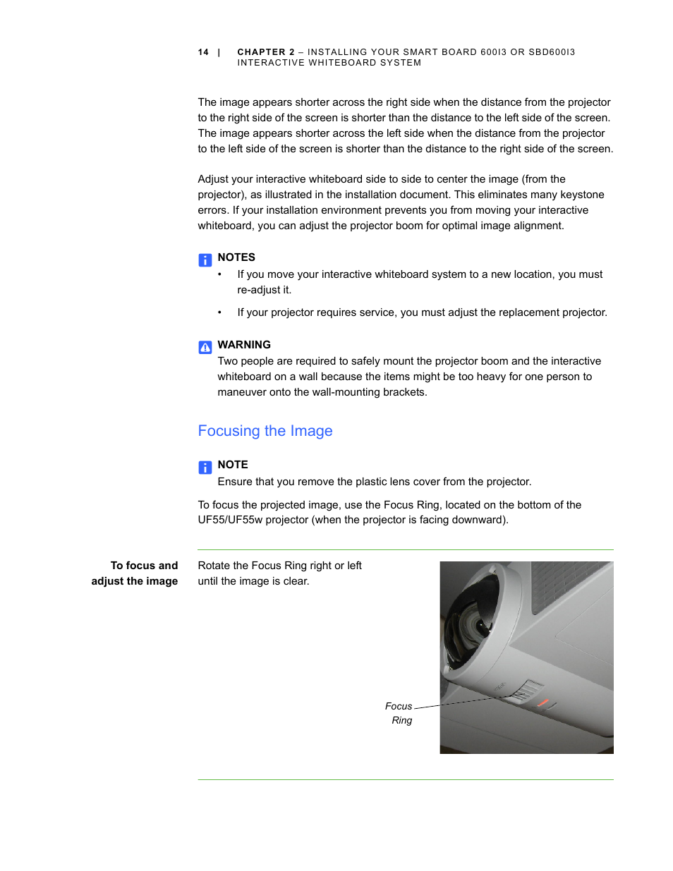 Focusing the image | Smart Technologies 600i3 User Manual | Page 26 / 86